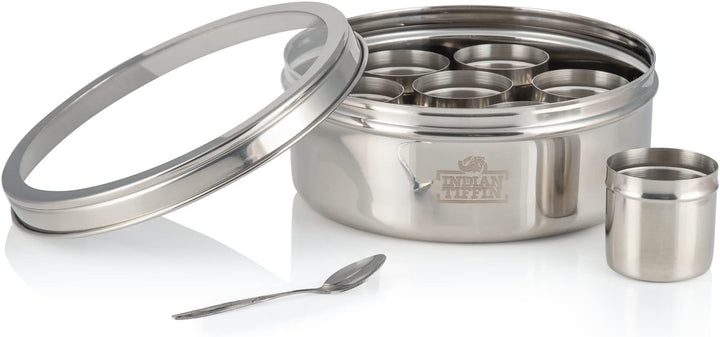 Indian Tiffin Masala Dabba Luftdichter Gewürzbehälter - Lebensmittelqualität aus Edelstahl - mit Gew
