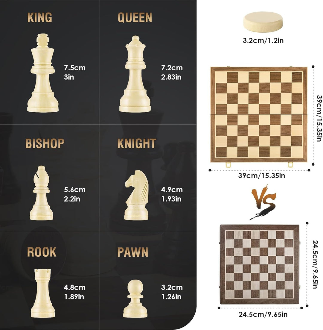 Peradix 2 in 1 Schach und Dame Spiel aus Walnussholz Holz - 39x39CM Klappbar Schachbrett Magnetisch