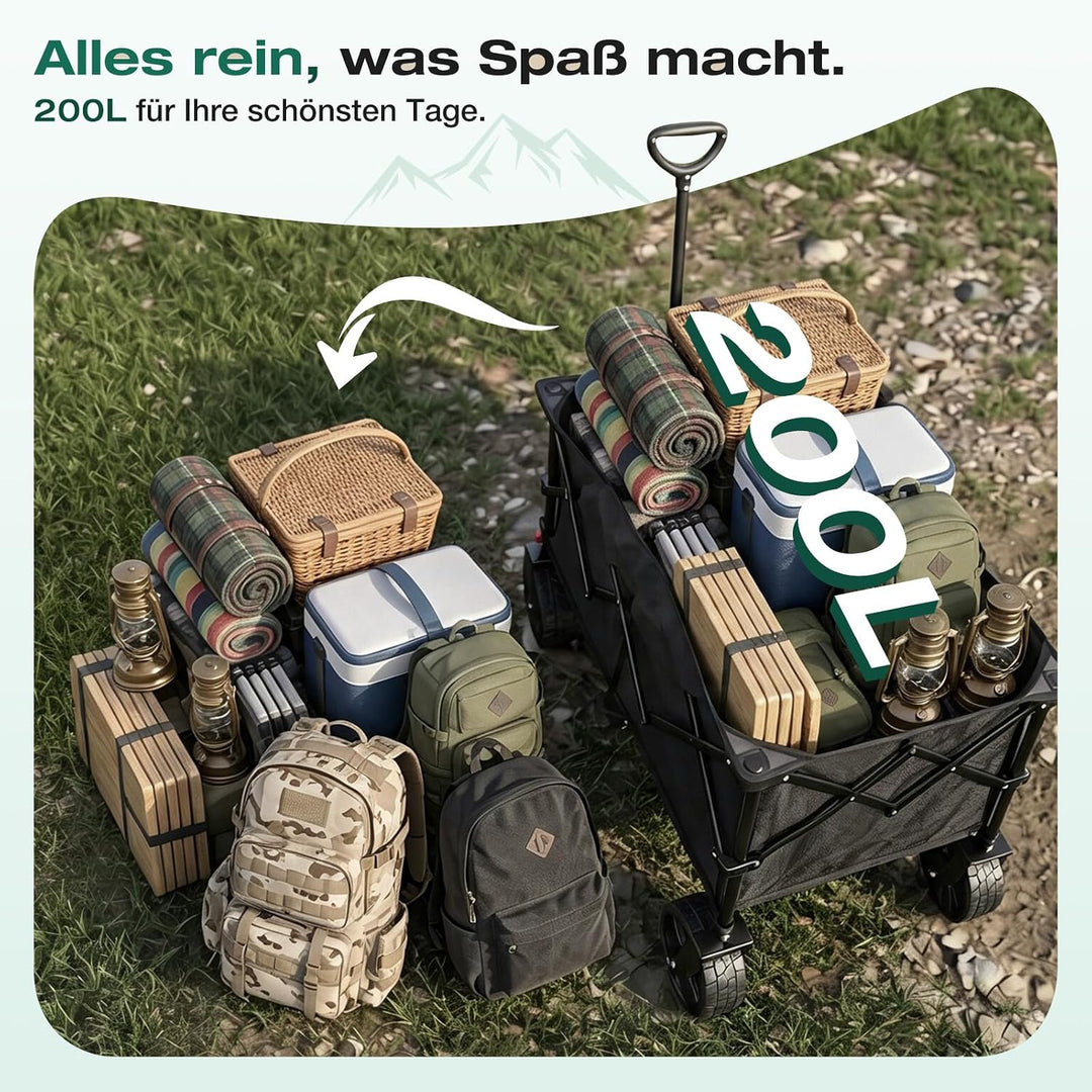 Sekey XXL Plus Bollerwagen Faltbar mit Bremsen 200L 200KG Belastbar, Extra Breite Reifen All Terrain