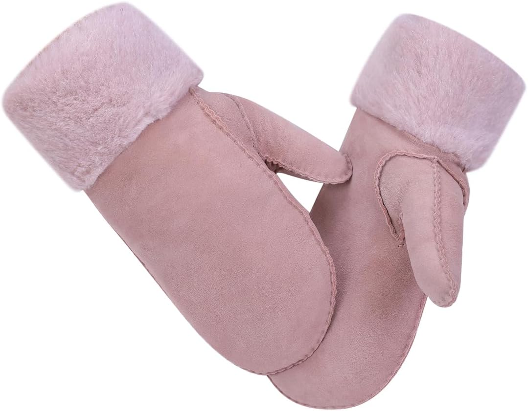 Harssidanzar Damen Fäustlinge,Winter Schaffell Lammfell beheizte warme pelzige Stulpenhandschuhe Led