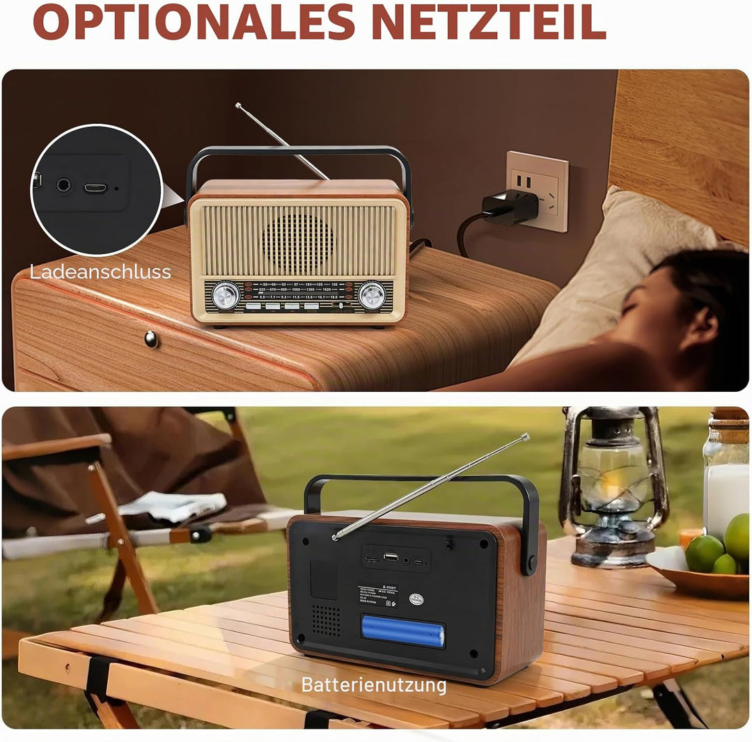 Retro Radio mit Bluetooth, Kofferradio Batteriebetrieben oder mit Stromkabel, Nostalgie Küchenradio