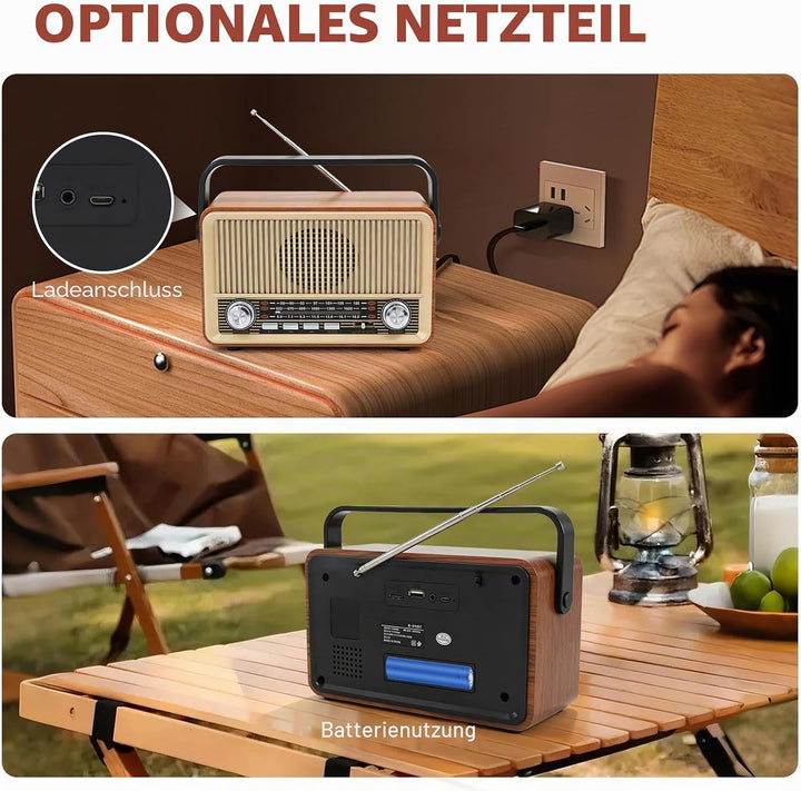 Retro Radio mit Bluetooth, Kofferradio Batteriebetrieben oder mit Stromkabel, Nostalgie Küchenradio