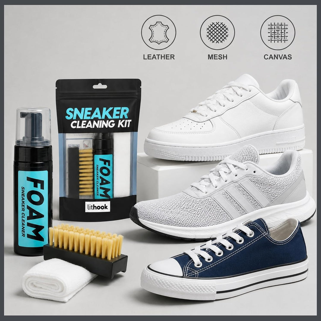 Sneaker Reiniger Set mit Bürste, Schaumreiniger (150 ml) und Mikrofasertuch, für Leder, Canvas und a
