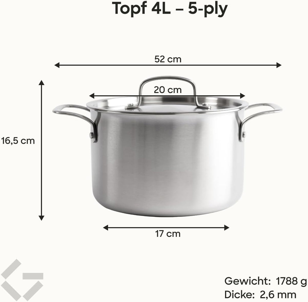 Gastrotools Edelstahl Kochtopf 4L, 20cm, 5-Schicht für gleichmässige Wärme, PFAS-frei, backofenfest