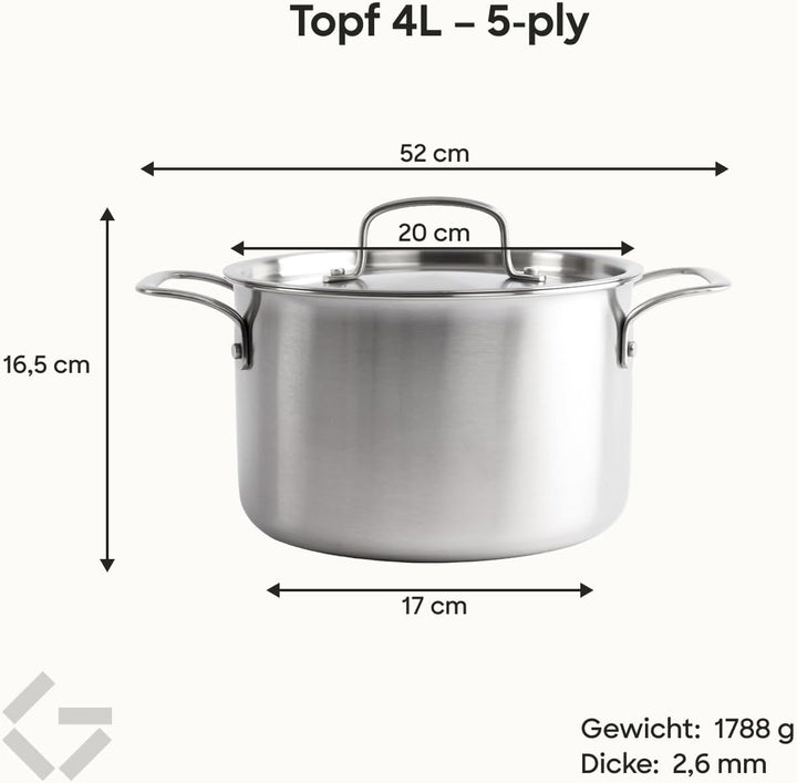 Gastrotools Edelstahl Kochtopf 4L, 20cm, 5-Schicht für gleichmässige Wärme, PFAS-frei, backofenfest