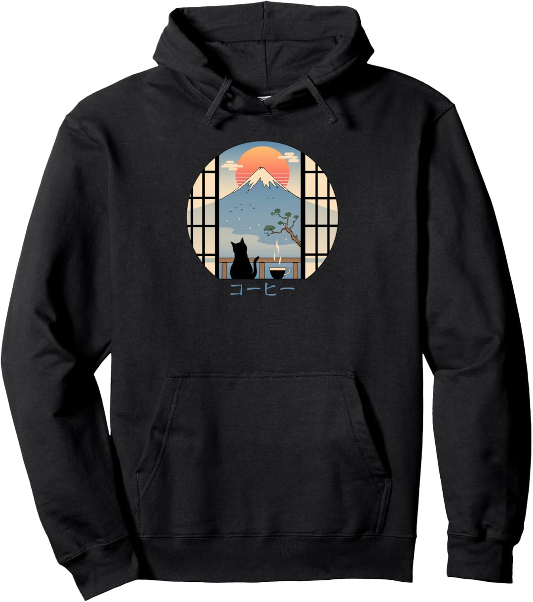 Kaffeekatze im Berg Fuji Pullover Hoodie