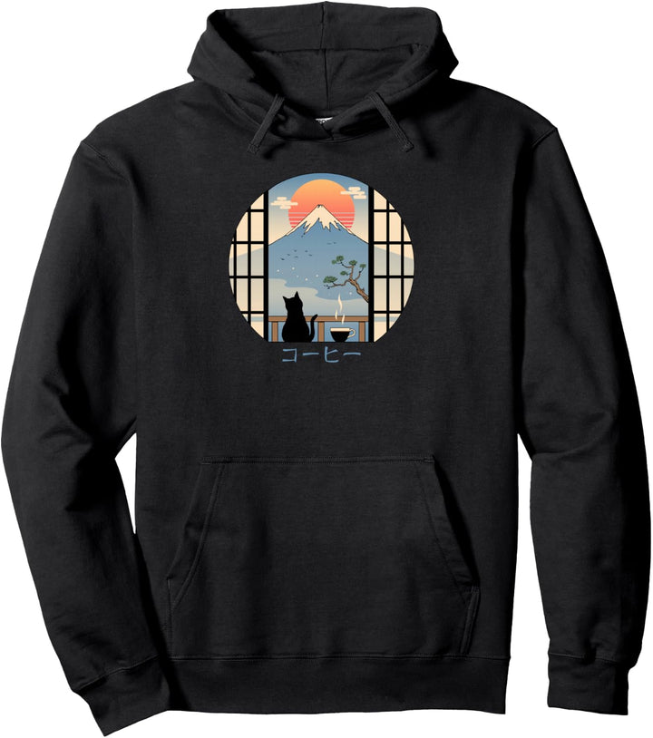 Kaffeekatze im Berg Fuji Pullover Hoodie