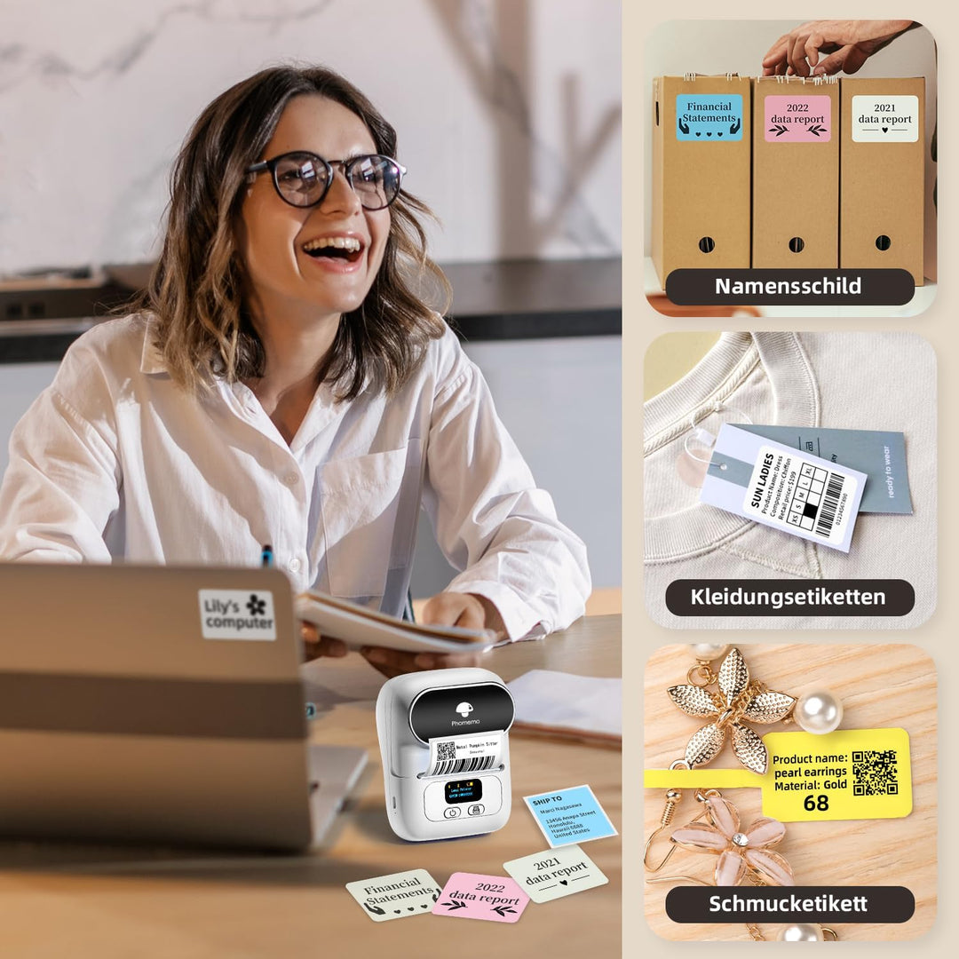 Phomemo M110 Etikettendrucker, Mini-Thermo-Aufkleber-Maschine,Handy Bluetooth Drucker für Barcode, K