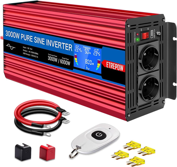 ETREPOW Spannungswandler 3000w 24v Auf 230v Reiner Sinus Wechselrichter mit 2 EU-Steckdose und Einer