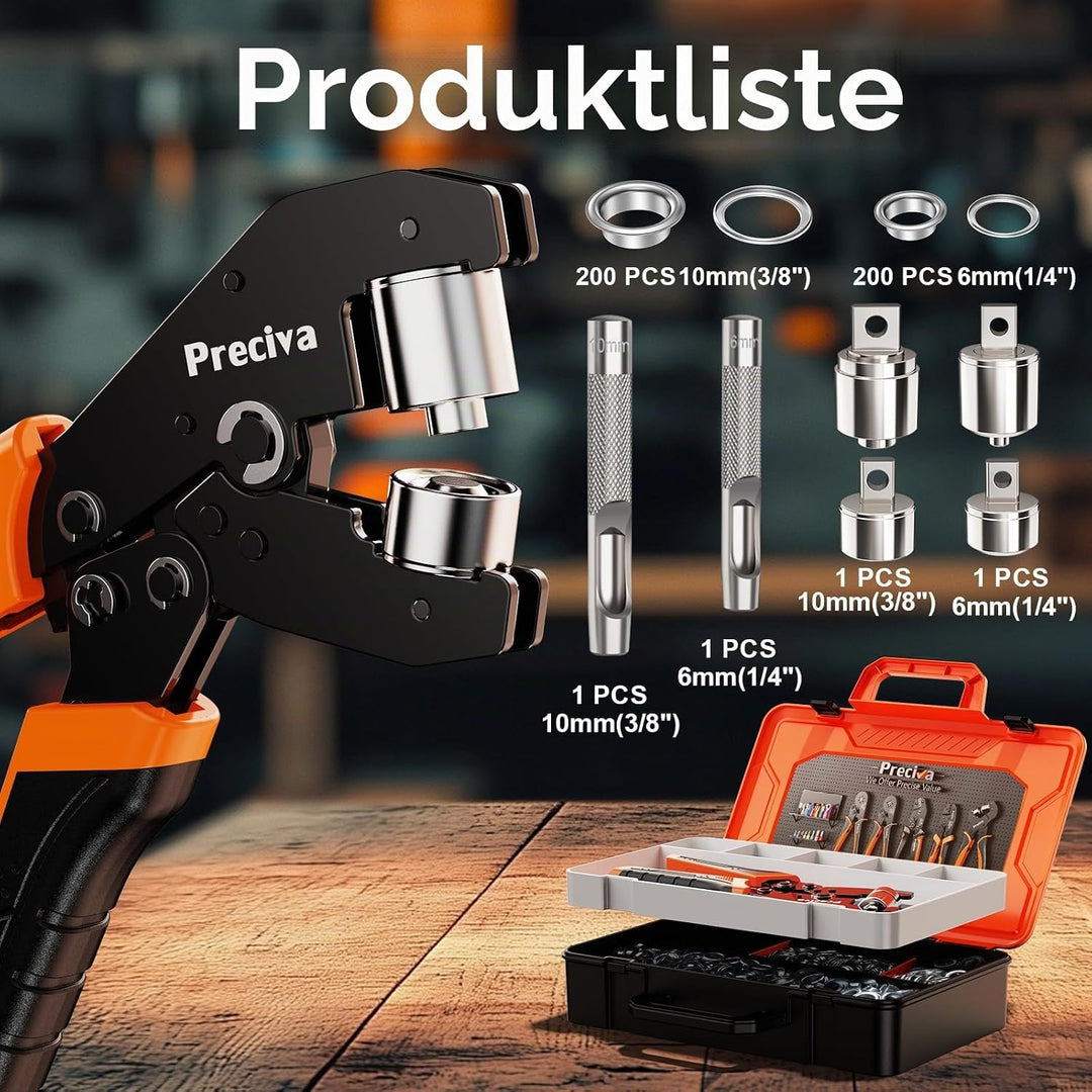 Preciva Ösenzange Set,Austauschbar Zangekopf Ösenpresse 400 Ösen (200pcs Ø6mm&amp;Ø10mm) mit Aufbewahrun