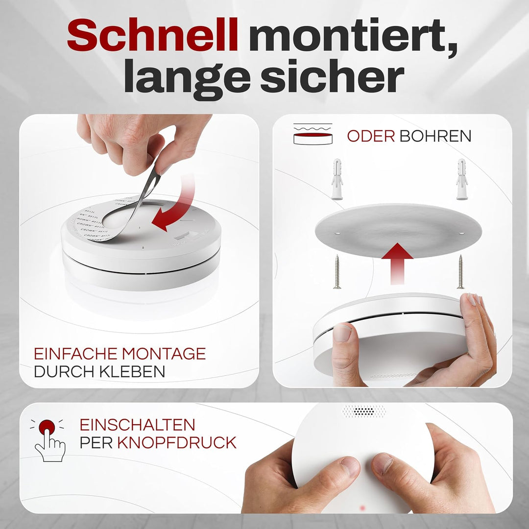 ALPENLUFT Rauchmelder 10 Jahre Batterie, Feuermelder Flach, Rauchwarnmelder, Brandmelder, | Ohne Boh