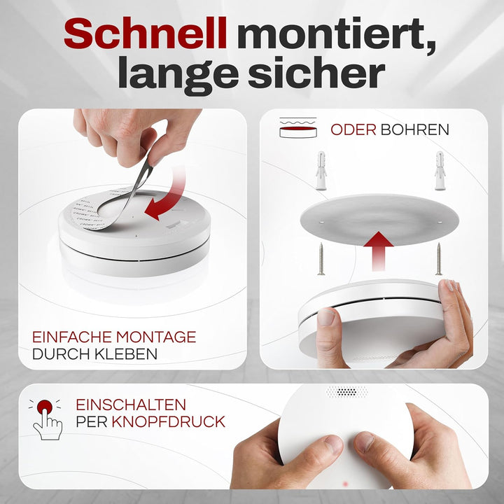 ALPENLUFT Rauchmelder 10 Jahre Batterie, Feuermelder Flach, Rauchwarnmelder, Brandmelder, | Ohne Boh