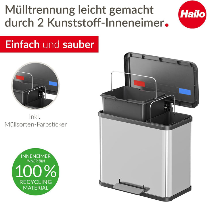 Hailo Öko duo Plus L | Mülltrenner 17 + 9 Liter | 26 Liter | Edelstahl | Soft Close Deckeldämpfung |