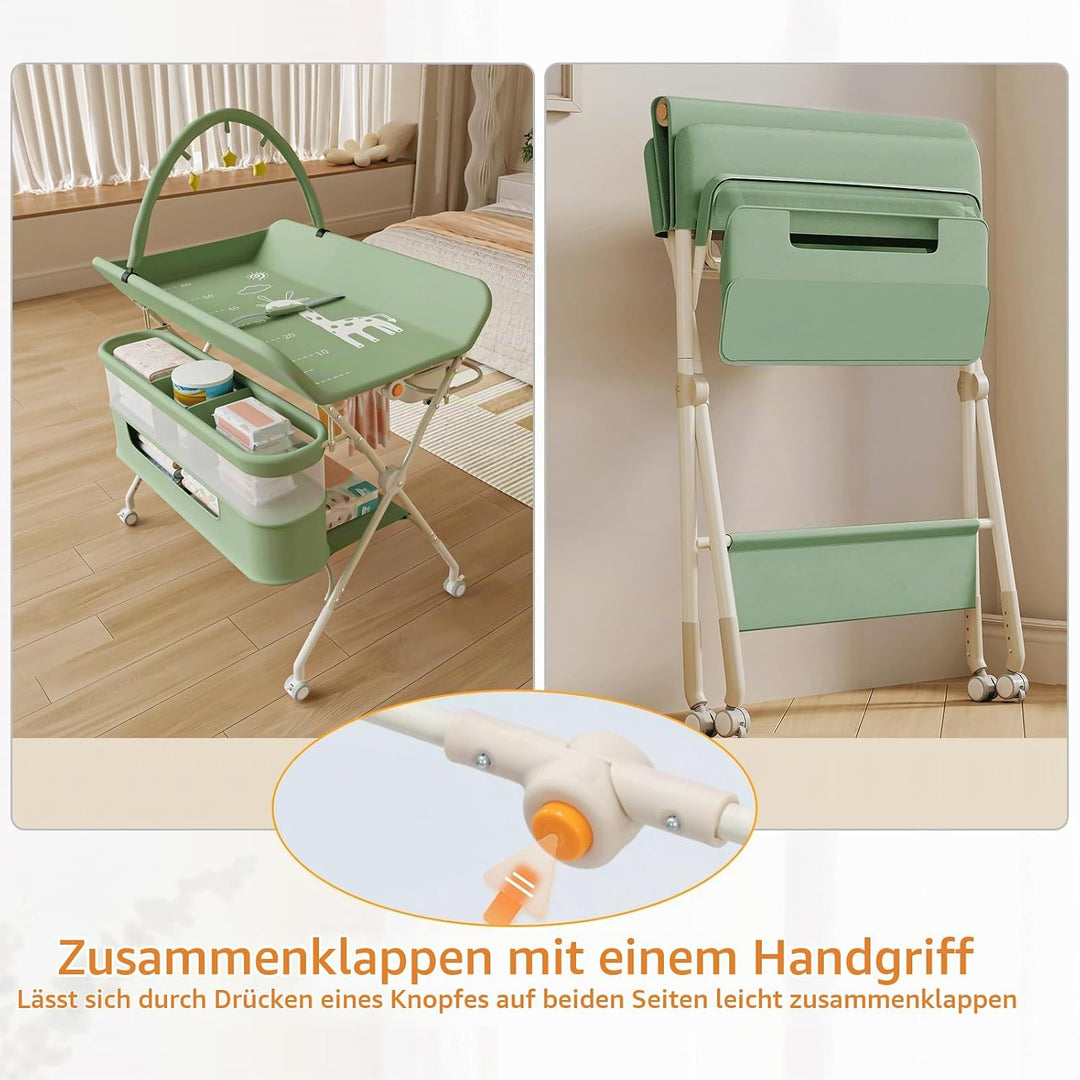 3 in 1 Wickeltisch klappbar, mobile Wickelkommode mit Rollen, Wickelstation höhenverstellbar, tragba