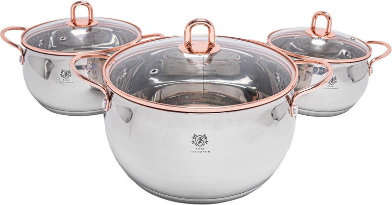 Topfset Induktion 3-teilig, Kochtopf Set mit Glasdeckel, Edelstahl mattiert, Induktions Töpfe Set un