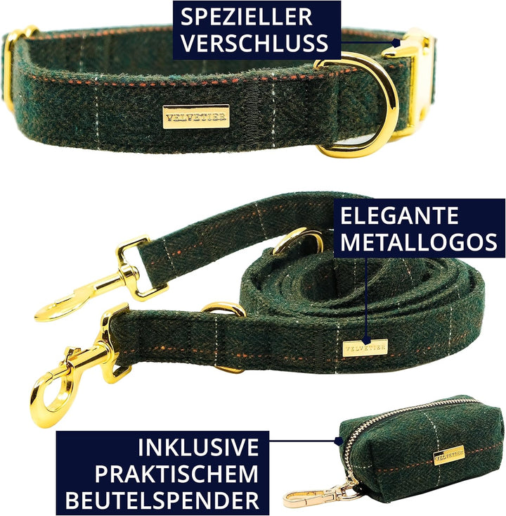 Oxford Hundehalsband Set mit Leine & Beutelspender | British Tweed Grün | verstellbar, Hundeleine 2m
