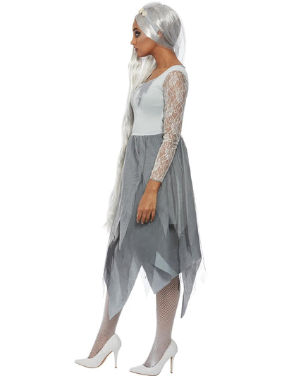 Graveyard Bride Costume, Grey, Dress & Veiled Headband (S)