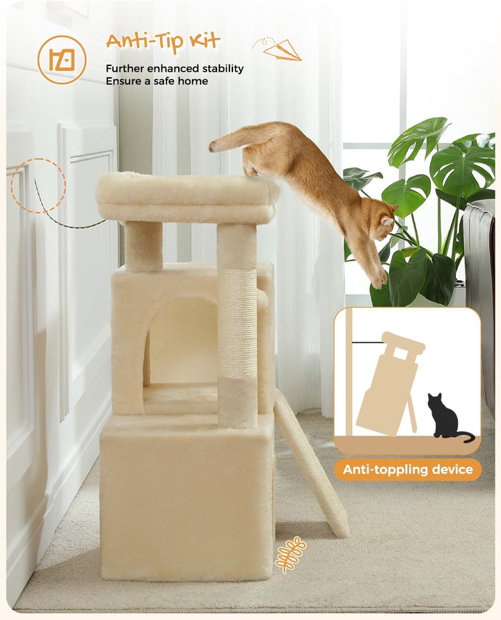 PETEPELA Kratzbaum mit Dual Condos für Wohnungskatzen, All-in-One-Katzenhaus mit gepolsterter Sitzst