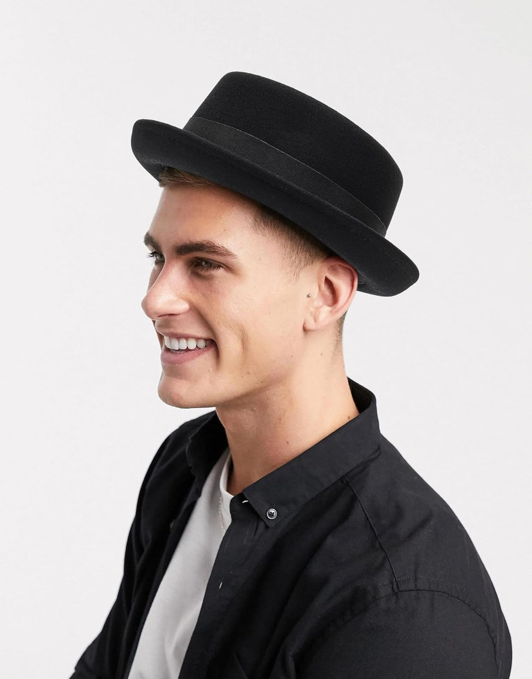 Pork Pie Hut für Herren, Wolle, flache Oberseite, Fedora-Hut, Unisex, Porkpie-Hüte (S/M) M Schwarz,