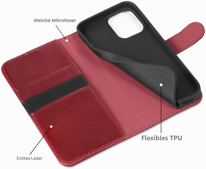 LENSUN Echtleder Hülle für iPhone 13 Pro, Handyhülle Flip Cover [Echtes Leder][Kartenfach][RFID Schu