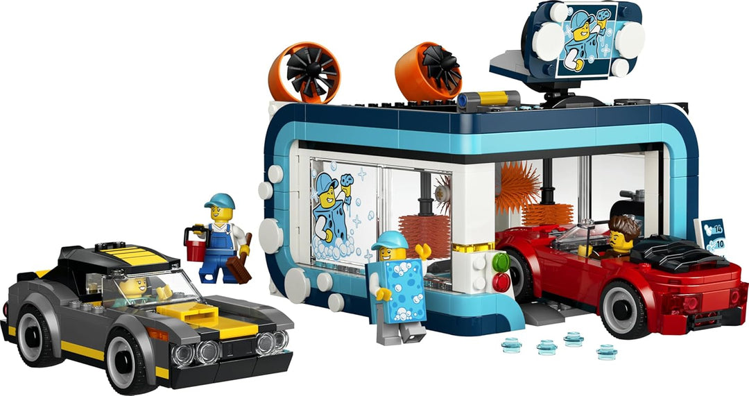LEGO City Waschstrasse Spielzeug - inkl. 2 Modellautos, Waschfunktion und 4 Minifiguren mit Zubehör