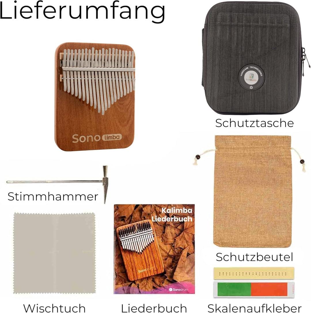 Kalimba "Sonolimba" mit 21 Schlüsseln in C - Dur aus Korallenholz. Daumenklavier inkl. Set mit Liede