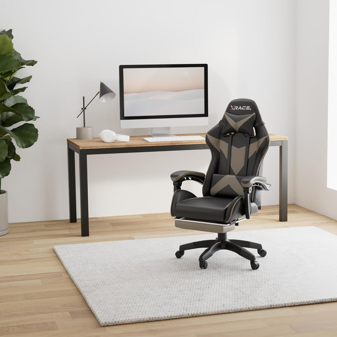 xRace Gaming-Stuhl Hoher Drehstuhl aus Leder mit Lendenwirbelstütze, Kopfstütze und Fussstütze, vers
