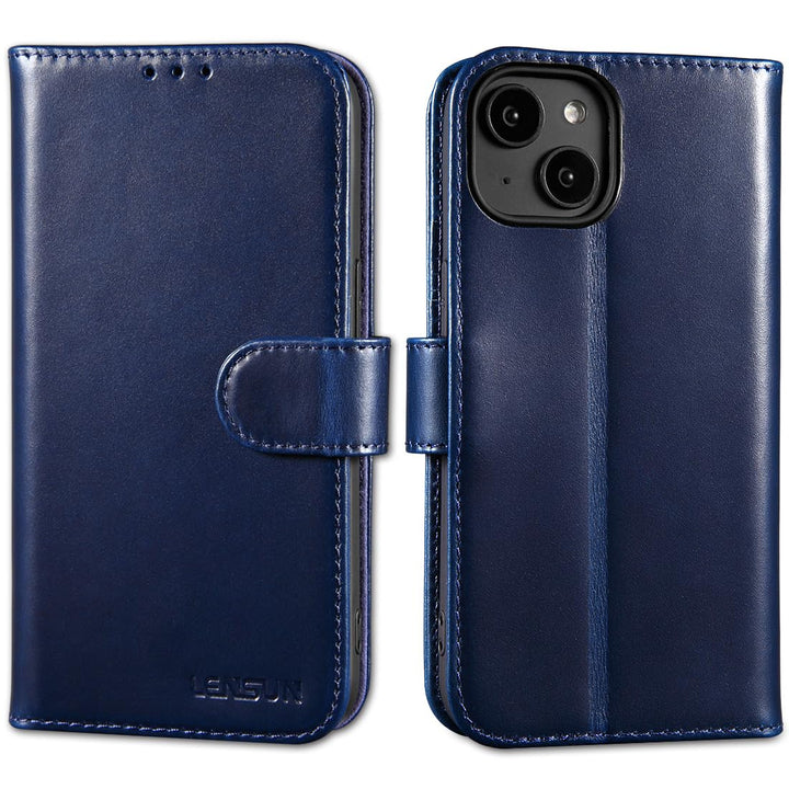 LENSUN Lederhülle für iPhone 14, Echtleder Hülle Klapphülle [Echtes Leder][Bookstyle][RFID-Blocker]