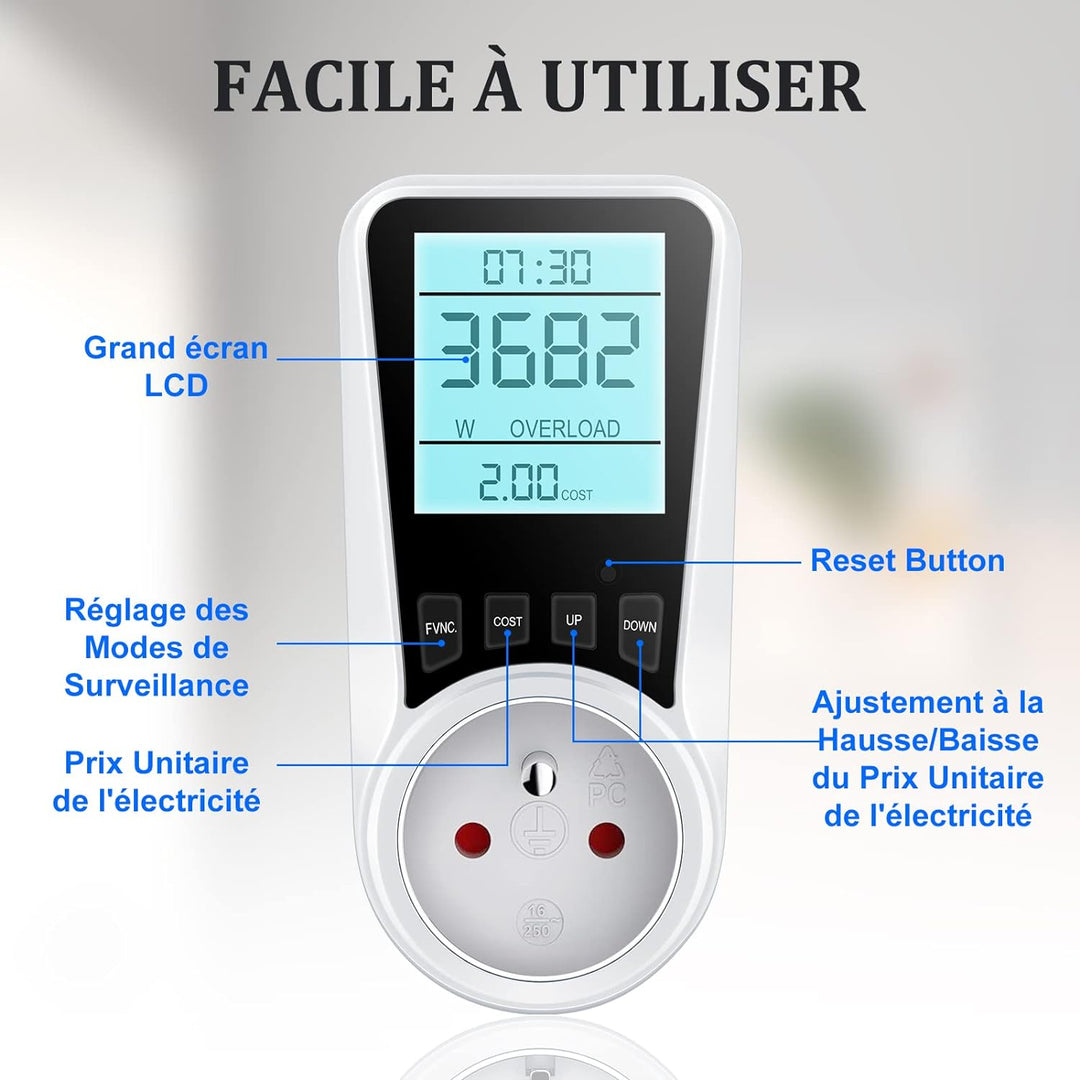 Wattmeter Stromzähler, Energieverbrauch mit 7 Überwachungsmodi, LCD-Display mit Hintergrundbeleuchtu