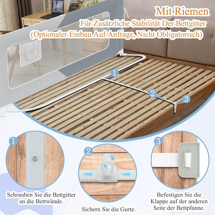 YUENFONG 180cm Bettgitter Bettschutzgitter Rausfallschutz für Kinder, Höhenverstellbar 72 bis 96cm K