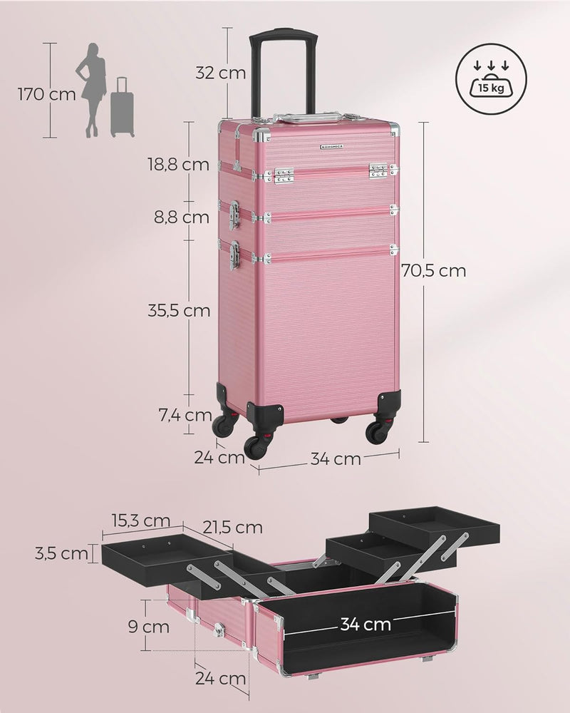 SONGMICS Kosmetikkoffer Trolley, 3-in-1 Schminkkoffer extra gross, Friseurkoffer 34 x 24 x 70,5 cm,