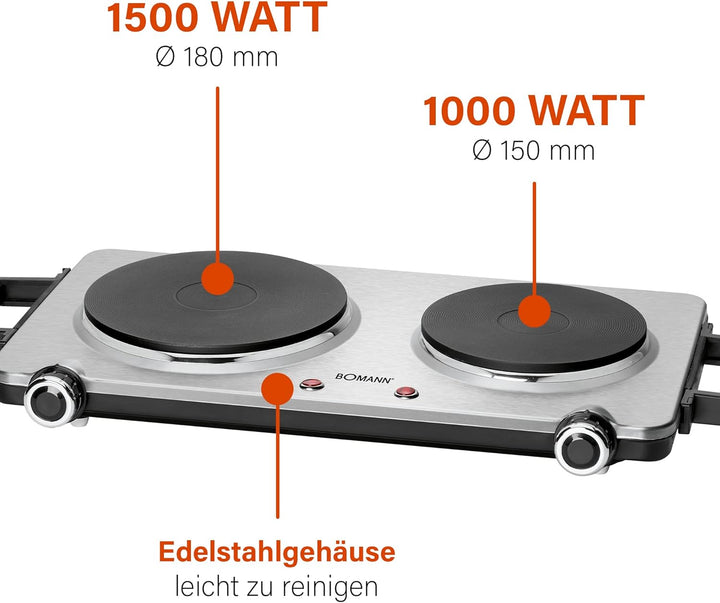 Bomann Doppel-Kochplatte DKP 5033 E, ideal für Camping, Küche oder Büro, zwei Kochplatten gross 18 c