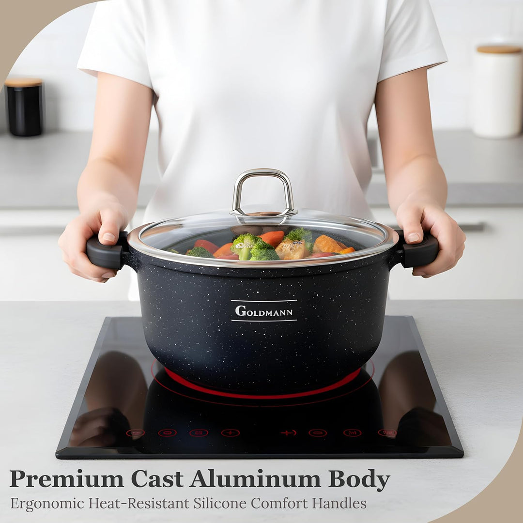 GOLDMANN Kochtopf 24 CM (4.5L) aus Aluminiumguss mit Glasdeckel, Keramik-Marmor Antihaftbeschichtung