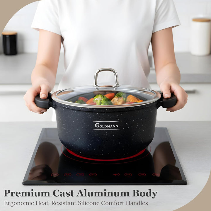 GOLDMANN Kochtopf 24 CM (4.5L) aus Aluminiumguss mit Glasdeckel, Keramik-Marmor Antihaftbeschichtung