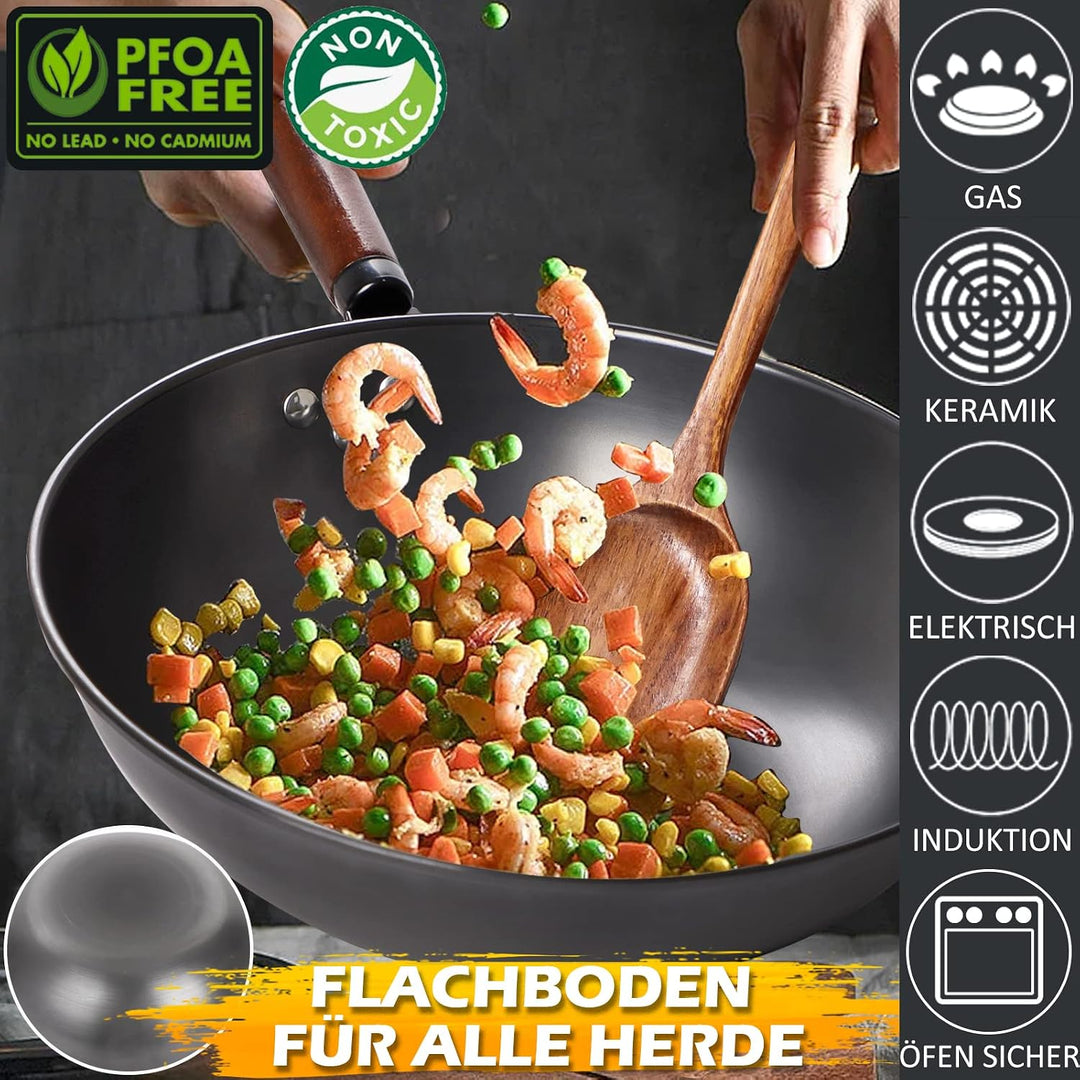 Wokpfanne mit Deckel, 33cm Wok Pfanne aus Karbonstahl zum Rühren und Braten mit Holzspatel, Wok aus