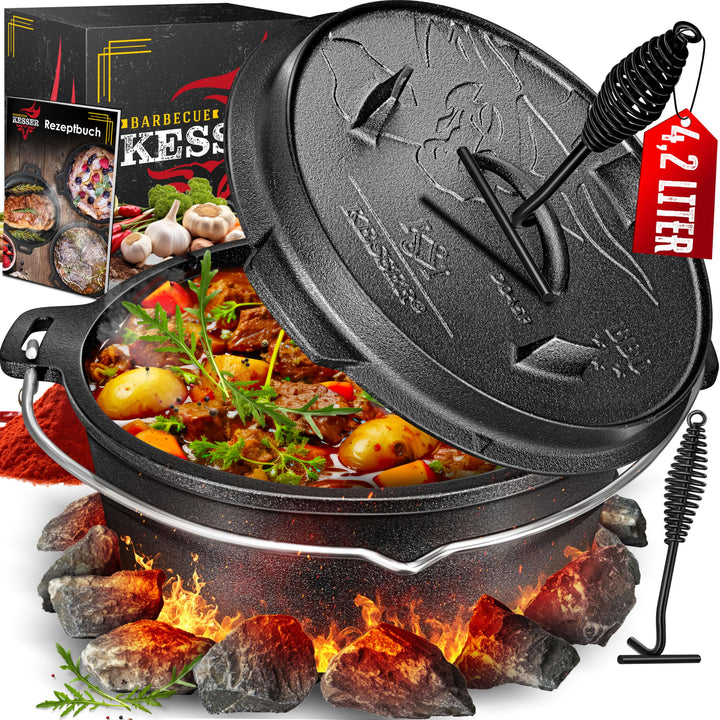 KESSER® Dutch Oven Set BBQ 4,2 Liter, Feuertopf Schmortopf mit Füssen, Gusseisen Topf mit Deckelhebe