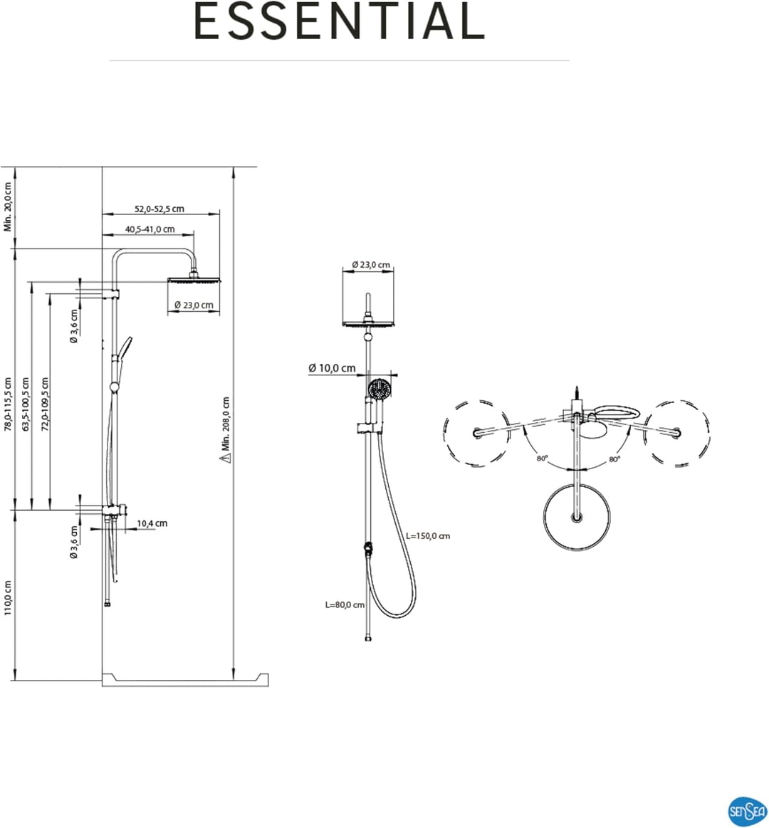 SENSEA - Essential - Duschsstange mit Regendusche und Handbrause - Höhenverstellbar - Duschsset ohne
