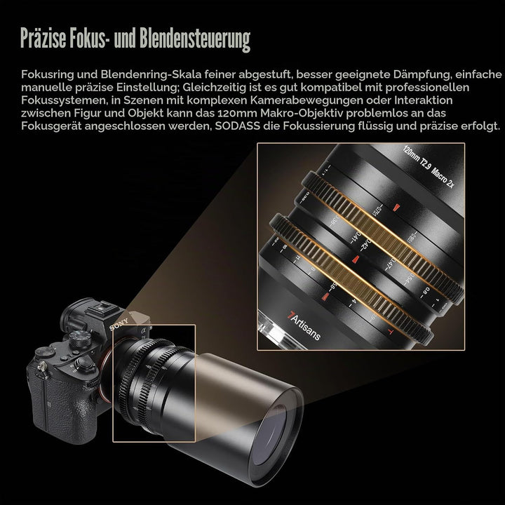 7artisans 120 mm T2.9 Macro 2X Cine-Objektiv, manuelles Cine-Objektiv mit festem Fokus, kompatibel m