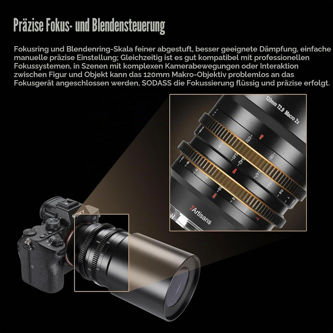 7artisans 120 mm T2.9 Macro 2X Cine-Objektiv, manuelles Cine-Objektiv mit festem Fokus, kompatibel m