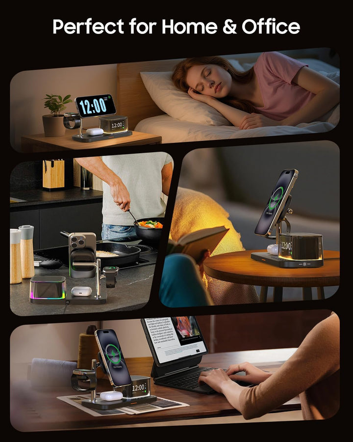 7-in-1 kabelloses Ladegerät, Bluetooth-Lautsprecher mit Wecker, 25W Handy-Schnellladung, Stimmungsli