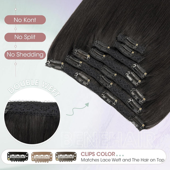 Benehair Clip in Extensions Echthaar, 85g Schwer Clips in Echthaar Extension, 7Pcs 16 Clips Remy Ech