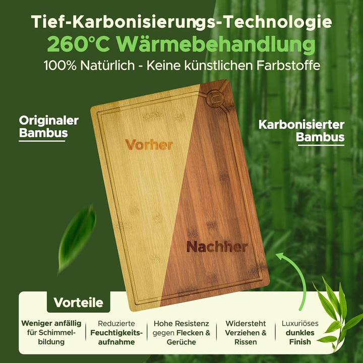 naturlik XXL Schneidebrett Karbonisiert 45x30cm - Grosses Bambus Holzschneidebrett mit Saftrille & G