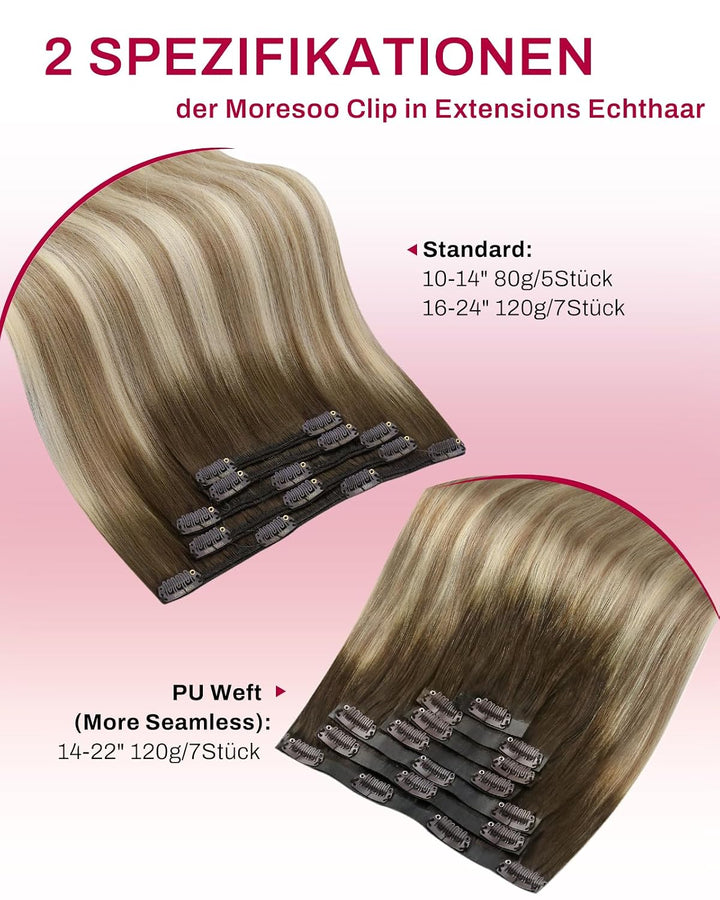 Moresoo Clip in Extensions Echthaar Braun Haarverlängerung Ombre Clip in Hair Extensions Remy Echtha