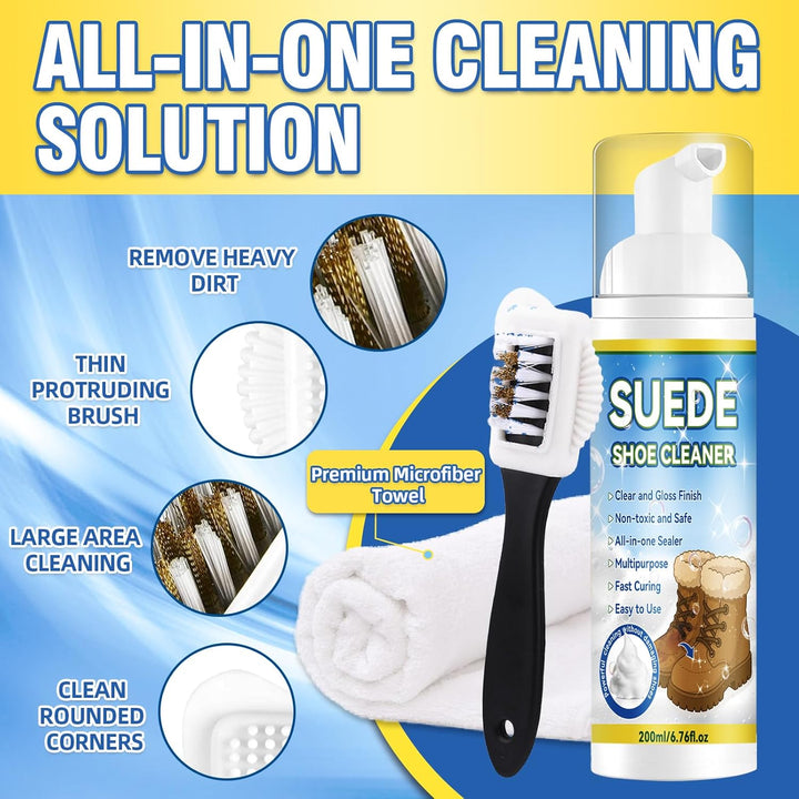 Wildleder Reiniger 200ml mit Bürste, Professioneller Nubuk Schuhreiniger, Sanfter Fleckenentferner f