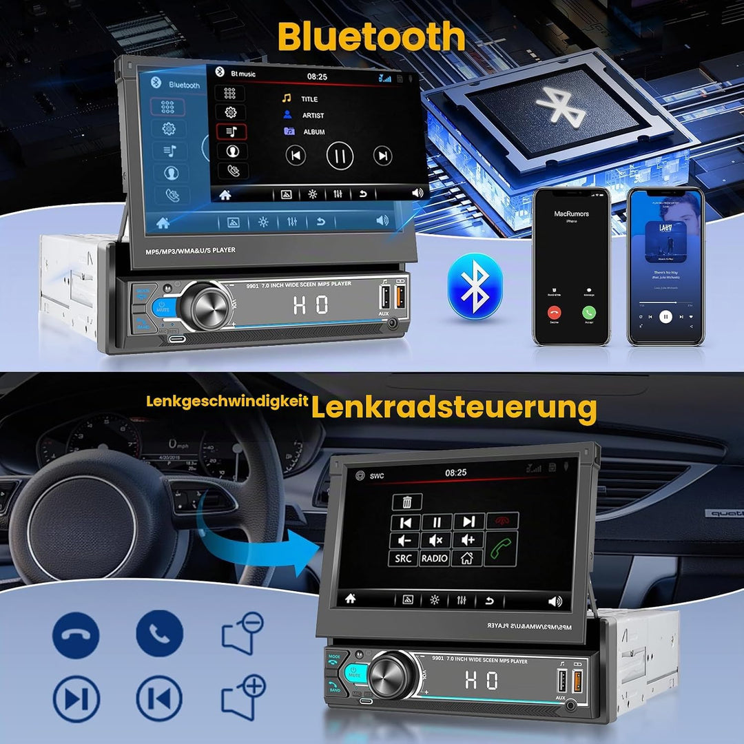 Hikity 1 Din Autoradio mit 7 Zoll Manuell Einziehbarer Touch Display Radio mit Ausfahrbarem Bildschi