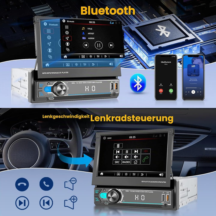 Hikity 1 Din Autoradio mit 7 Zoll Manuell Einziehbarer Touch Display Radio mit Ausfahrbarem Bildschi