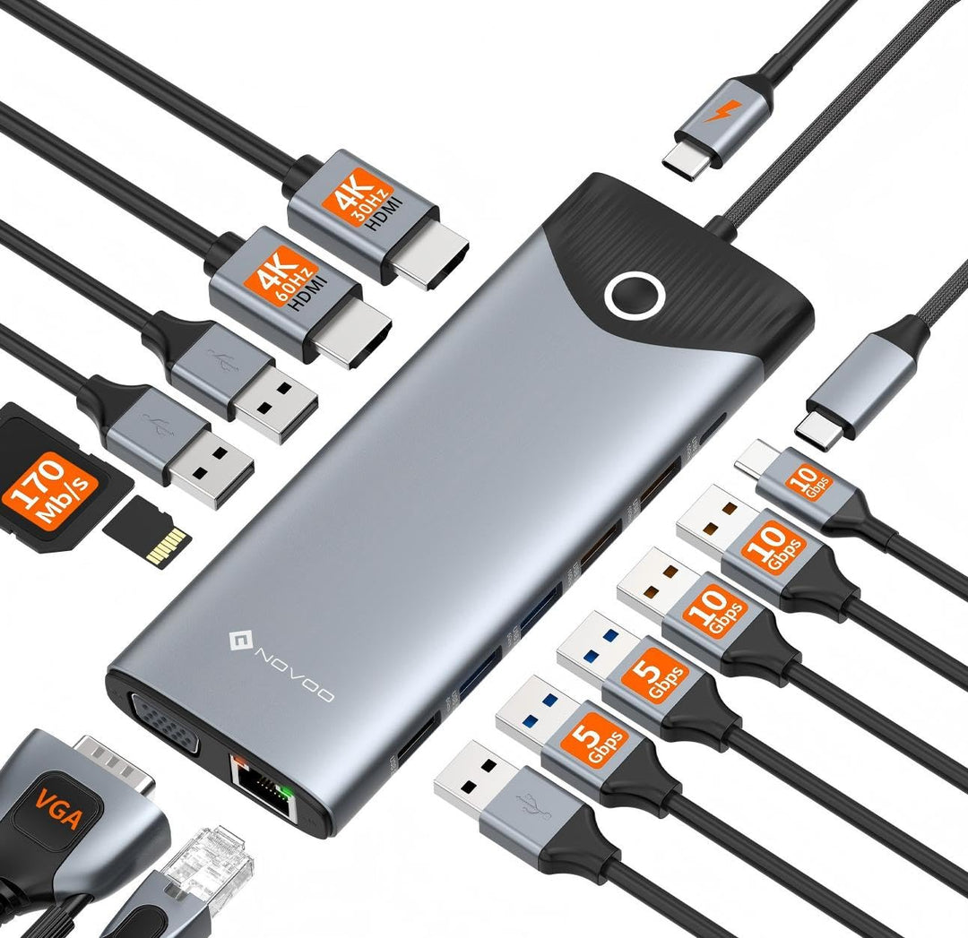 NOVOO 10Gbps Dockingstation Laptop Triple Display, 15 in 1 Docking Station USB C Hub Adapter mit Zwe