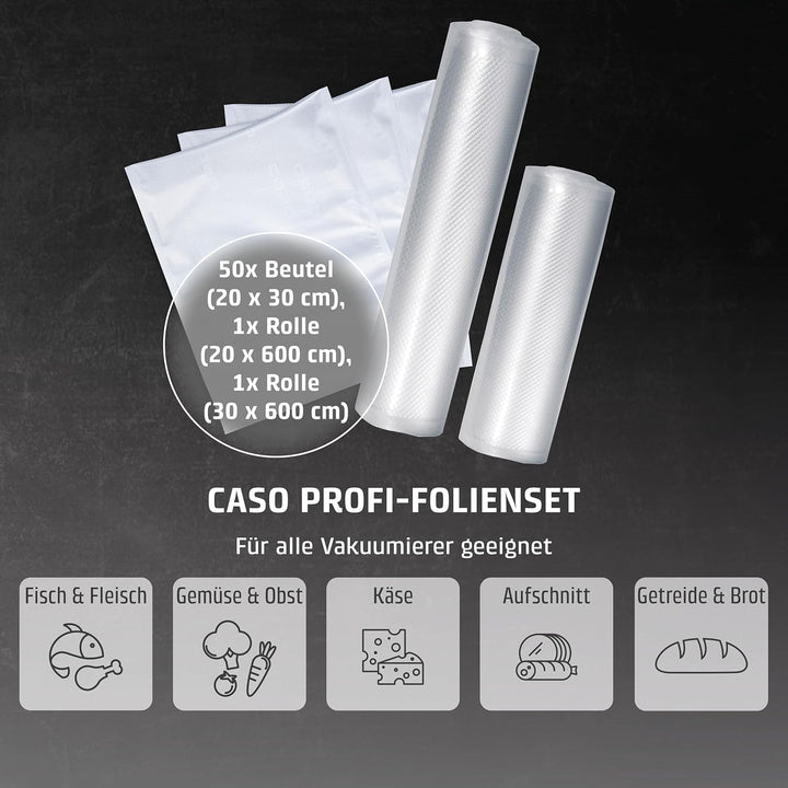 CASO Profi- Vakuumfolien Set 1 / Folienbeutel: 50x 20x30cm, Folienrolle: 1x 20x600cm, 1x 30x600cm 15