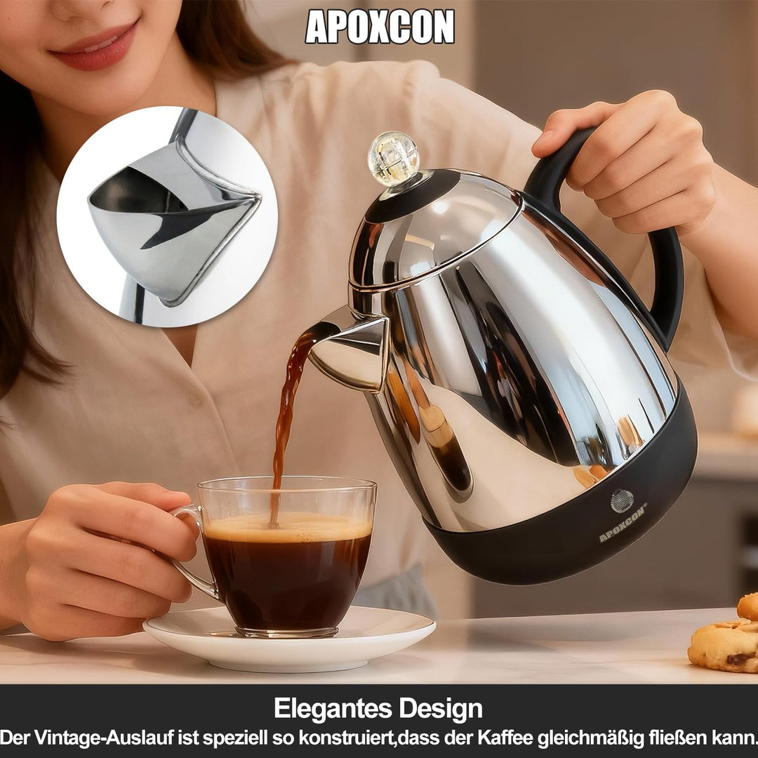 APOXCON Edelstahl-Kaffeekanne mit Permanentfilter 1,5 Liter (10 Tassen) mit Glasdeckel, garantiert t