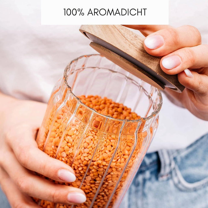 Econovo® Vorratsgläser mit Deckel geriffelt (700ml | 3-tlg.), stapelbar und luftdicht, Küchenaufbewa